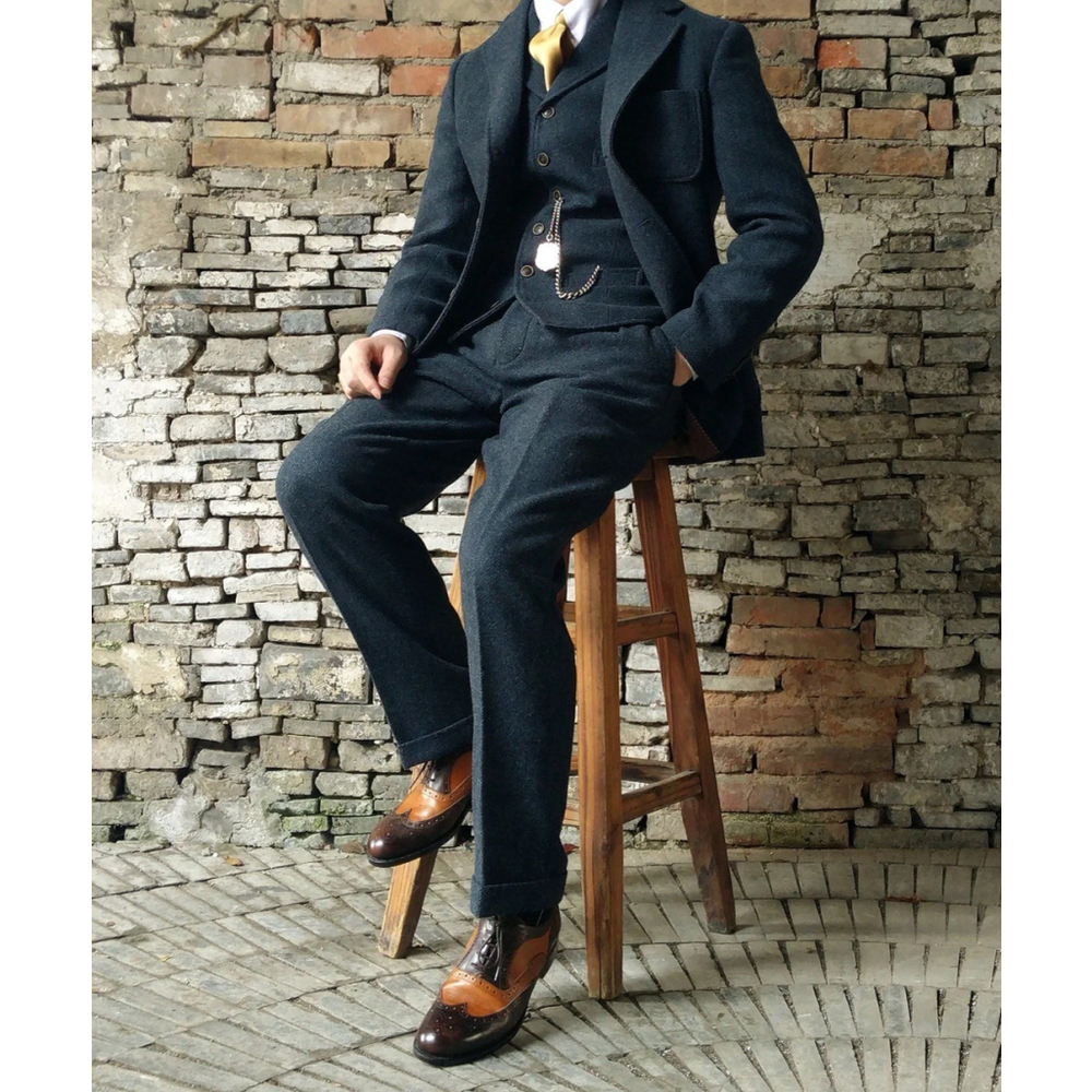 Annual Ring Vintage Old Money Trousers 1920s Navy Wool Herringbone Tweed S